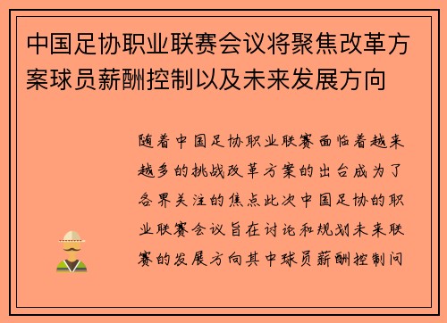 中国足协职业联赛会议将聚焦改革方案球员薪酬控制以及未来发展方向